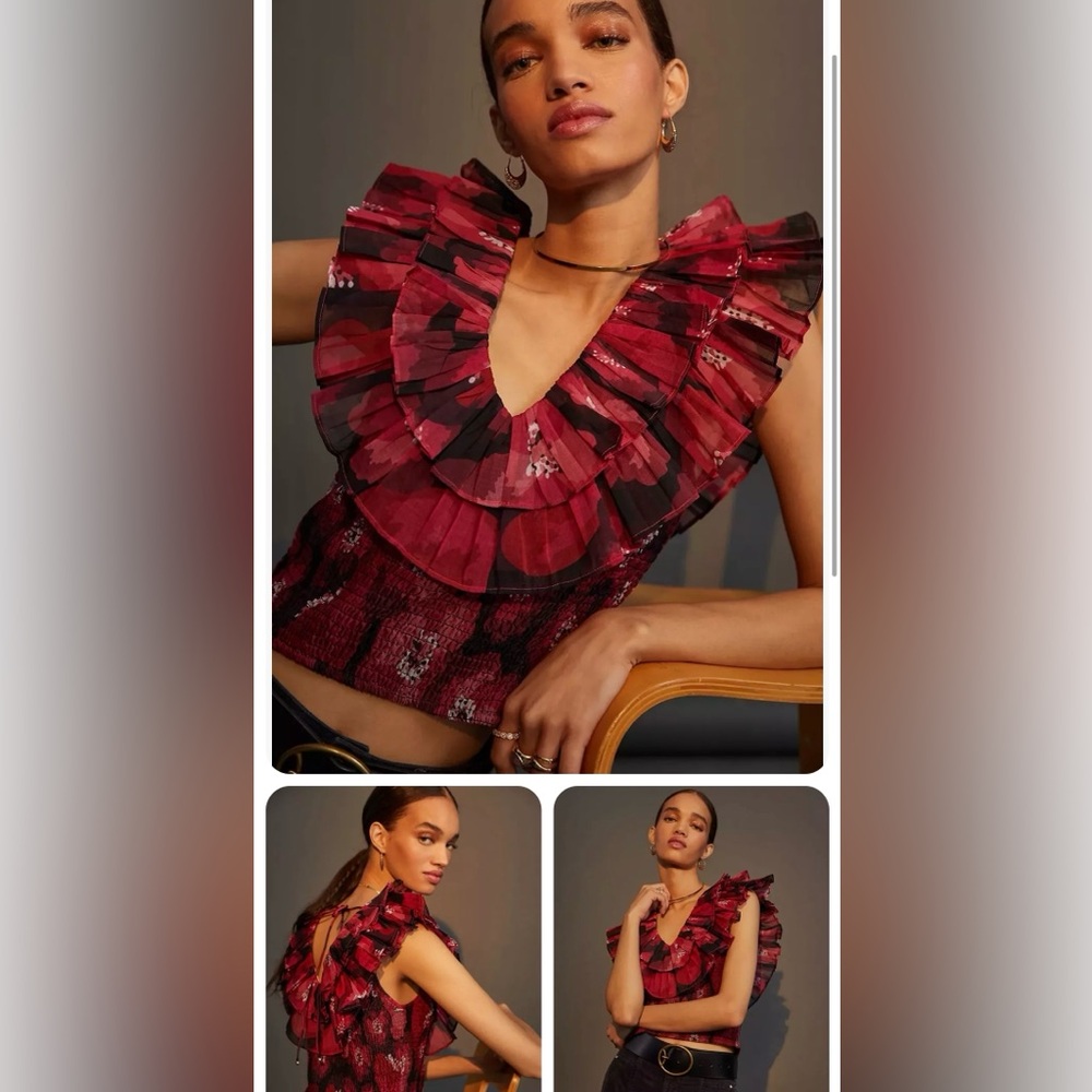 NWT Anthropologie Ollari Ruffled Organza Blouse Red